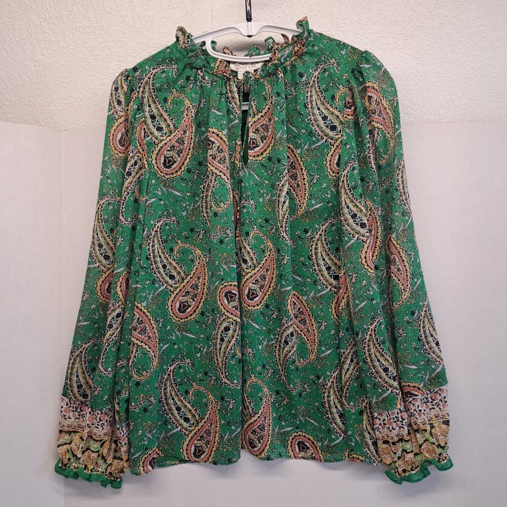 RACHEL ZOE Women's M Green Paisley Print Tied Ruffle Neck Blouse